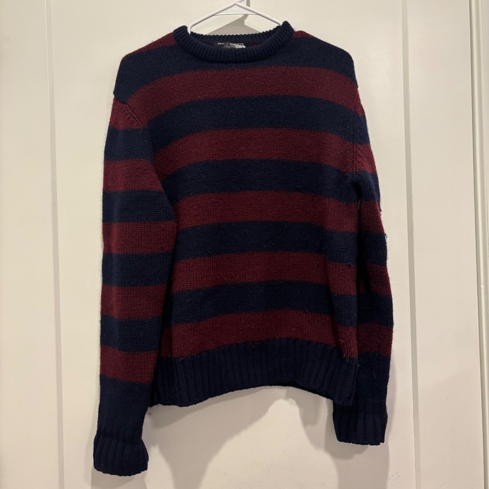 Brooks Brothers Vintage Wool Striped Sweater Mens XL Navy Burgundy Crewneck